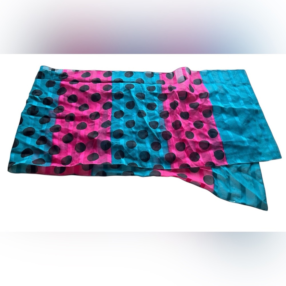 Vintage Color Block Polka Dot Scarf Pink Blue Black Retro Mod Sheer 80s 90s Bold